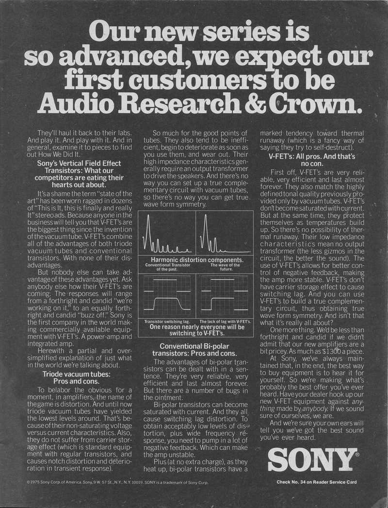 Publicité Sony 1975 introduisant les transistors V-FET, citant Audio Research et Crown comme références à dépasser